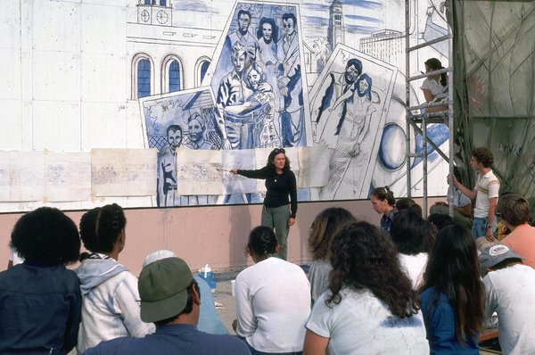 Artist Judith F. Baca and community members at work on The Great Wall of Los Angeles (1930's section), 1976. Courtesy of the Social and Public Art Resource Center (SPARC).